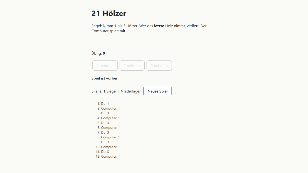 Bildschirmfoto aus dem Prüflauf: Browserspiel: Hölzer ziehen gegen den Computer
