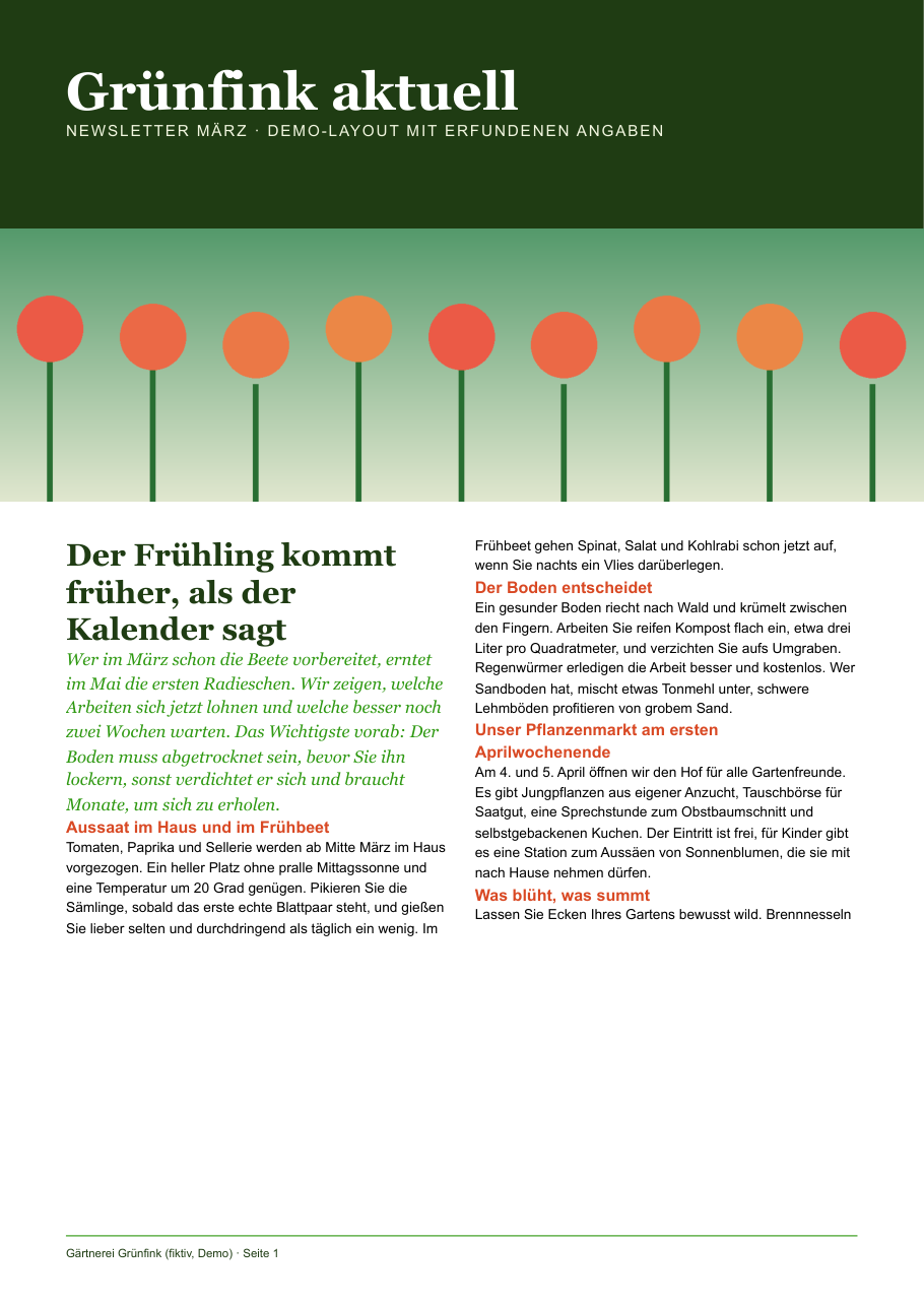 Bildschirmfoto aus dem Prüflauf: Newsletter-Layout als IDML für InDesign, dazu das Druck-PDF