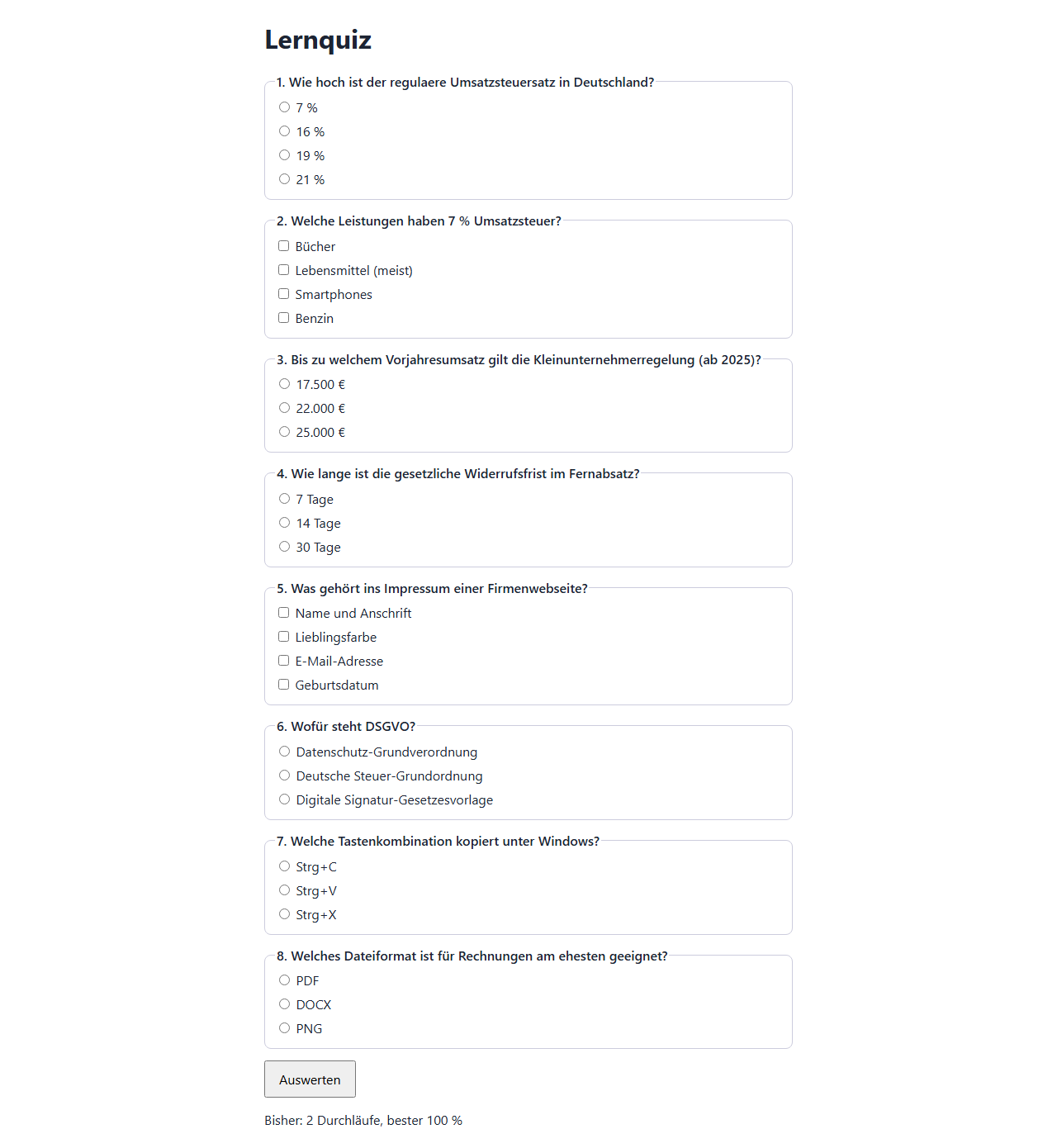 Bildschirmfoto aus dem Prüflauf: Lernquiz mit Karteikasten-Wiederholung