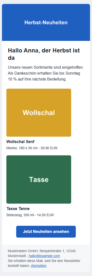 Bildschirmfoto aus dem Prüflauf: Newsletter-Vorlage, die auch ohne Stylesheet hält