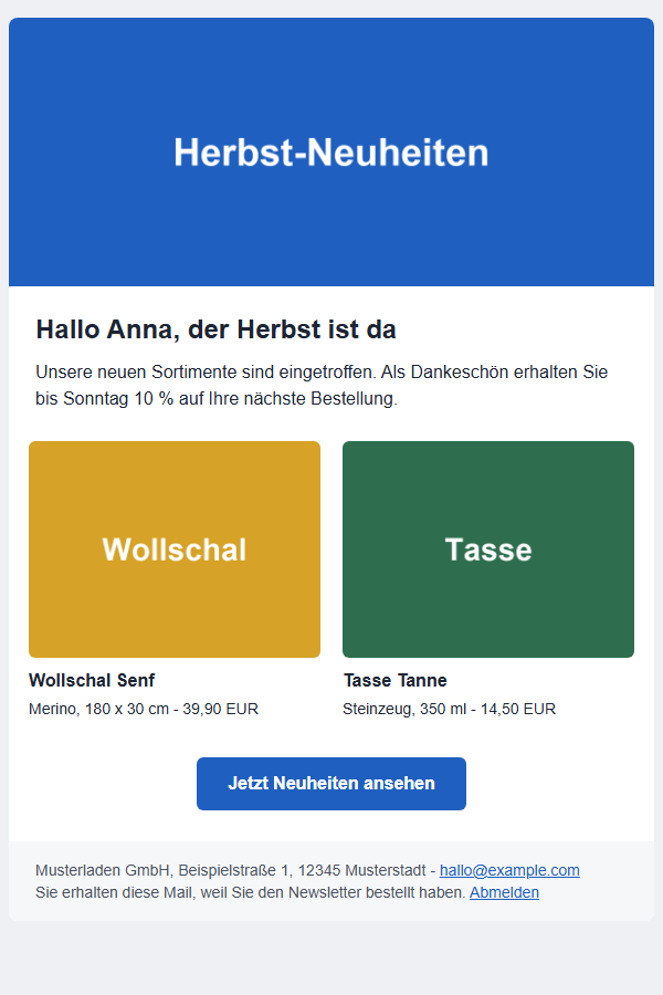 Bildschirmfoto aus dem Prüflauf: Newsletter-Vorlage, die auch ohne Stylesheet hält