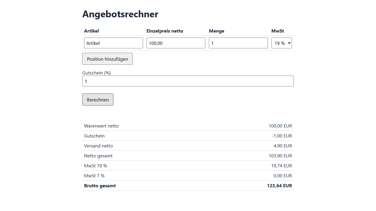 Bildschirmfoto aus dem Prüflauf: Angebotsrechner: Staffelrabatt, Gutschein, Versand und Mehrwertsteuer, centgenau