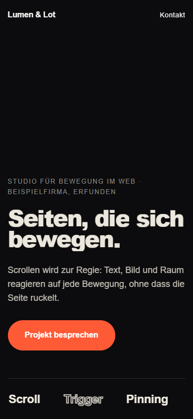 Bildschirmfoto aus dem Prüflauf: Scroll-Animation: Text, Bild, Video und Raum reagieren auf jede Scrollbewegung