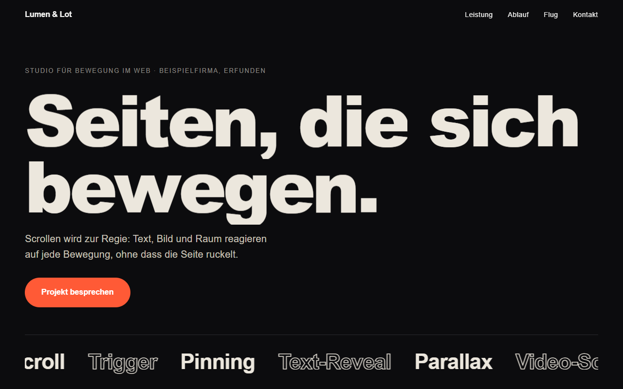 Bildschirmfoto aus dem Prüflauf: Scroll-Animation: Text, Bild, Video und Raum reagieren auf jede Scrollbewegung