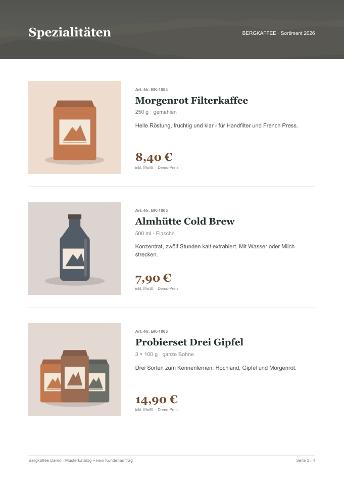 Bildschirmfoto aus dem Prüflauf: Druckfertig: Produktetikett, Faltschachtel mit Stanzkontur und Katalog aus einer Produkttabelle